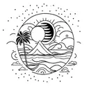 A minimalist tattoo of a beach landscape with palm trees, waves, and a setting sun, symbolizing the client's love for the beach and sunsets. tattoo design idea