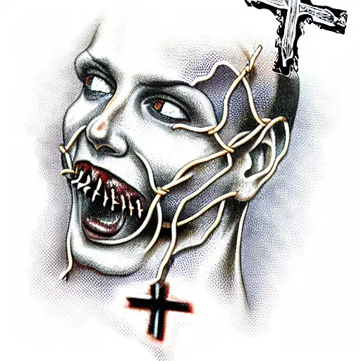 severed head impaled on an inverted Catholic cross entwined with barbed wire tattoo design idea