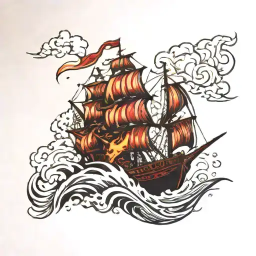 burning ship sailing through stormy tattoo design idea