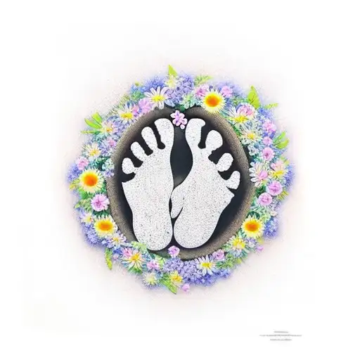 A baby foot print surrounded by flowers  tattoo design idea