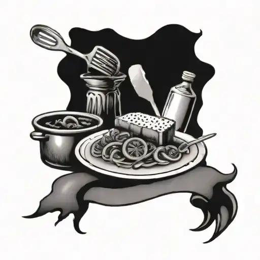 A tattoo design incorporating creative writing and cooking, like a recipe written in a unique font surrounded by culinary tools tattoo design idea