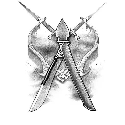 A black-grey tattoo of a crossed sword and knife with a banner that says 'Made In Swede' tattoo design idea