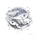 pisces sign with the word reveuse and pisces. star constellation  tattoo design idea