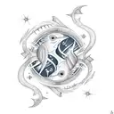 pisces sign with the word reveuse and pisces. star constellation  tattoo design idea