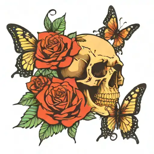roses and butterflies and skull adorned tattoo design idea