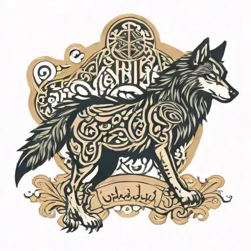 a wolf with the words رمز and مايكل written in Arabic calligraphy  tattoo design idea