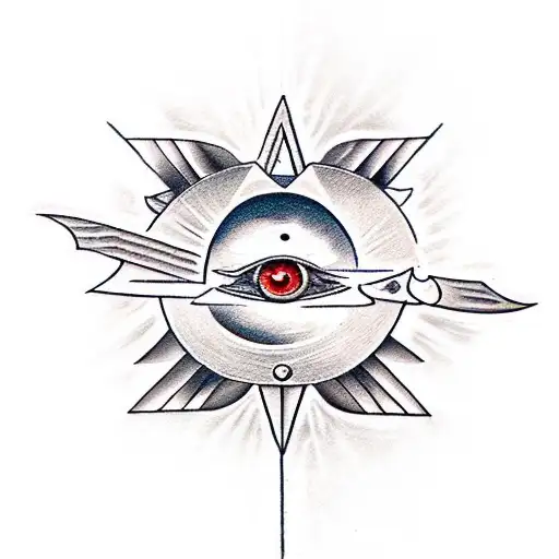 All-seeing eye, ace of pentacles, ribbons, stars, swords, axes, spears, shields, rays tattoo design idea