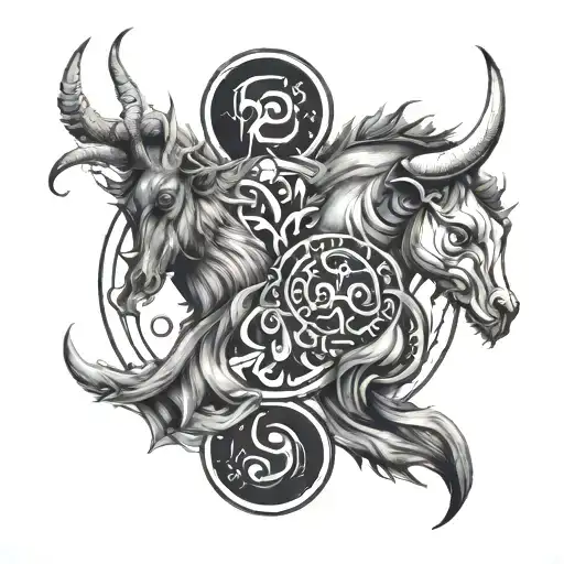 Capricorn and Pisces zodiac sign combined tattoo design idea