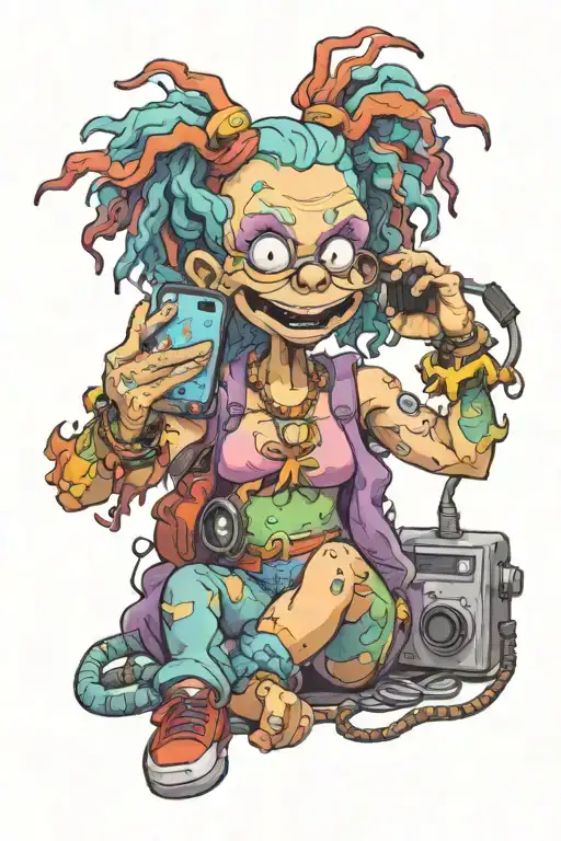 Cynthia doll from rugrats with phone and vape in her hands  tattoo design idea