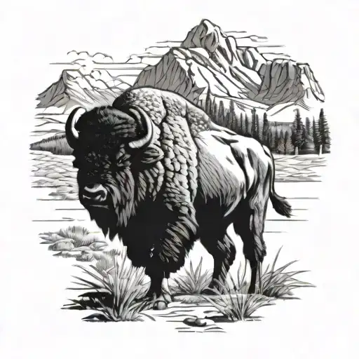 A majestic bison roaming through the mountains of Yellowstone National Park tattoo design idea