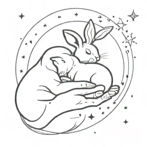 A parent holding a sleeping bunny under a starlit sky with a constellation forming the shape of a family tattoo design idea