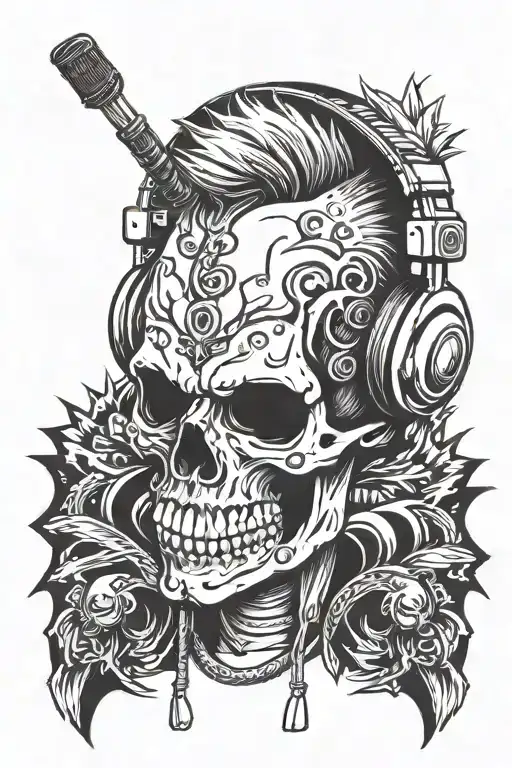 A skull wearing headphones with a punk rock Mohawk tattoo design idea