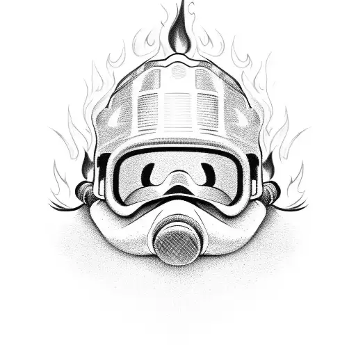 A detailed firefighter helmet engulfed in flames tattoo design idea