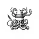 chef knife upright with an octopus holding on to the back in blackwork style tattoo design idea