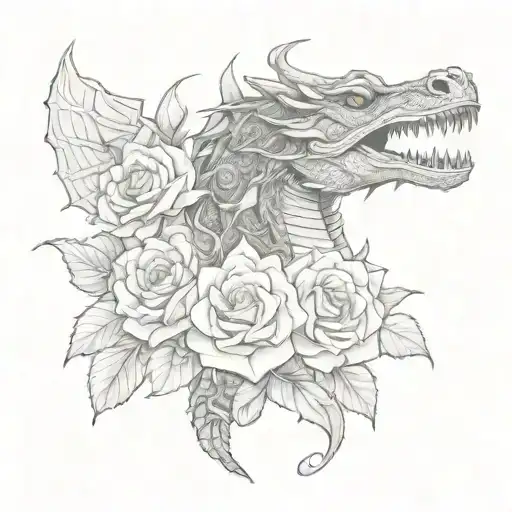 dragon and skull with rose blossom poney flower bouquet tattoo design idea