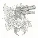 dragon and skull with rose blossom poney flower bouquet tattoo design idea