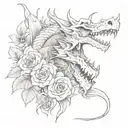 dragon and skull with rose blossom poney flower bouquet tattoo design idea