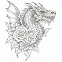 dragon and skull with rose blossom poney flower bouquet tattoo design idea