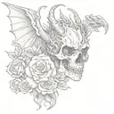 dragon and skull with rose blossom poney flower bouquet tattoo design idea