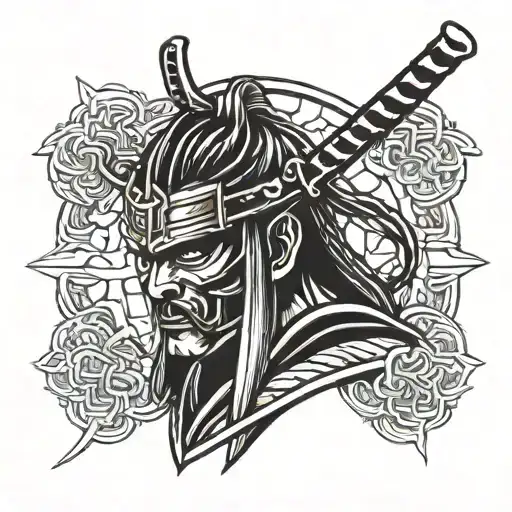 samurai with half skull armor tattoo design idea