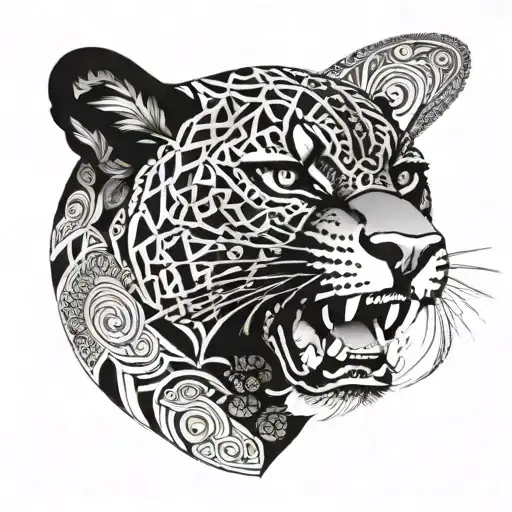 A mystical black jaguar emerging from a field of pantheras, surrounded by intricate geometric patterns inspired by the image of San Benito tattoo design idea