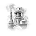 A Roman numeral clock tower with binary code details referencing the years 1948 and 2024 tattoo design idea