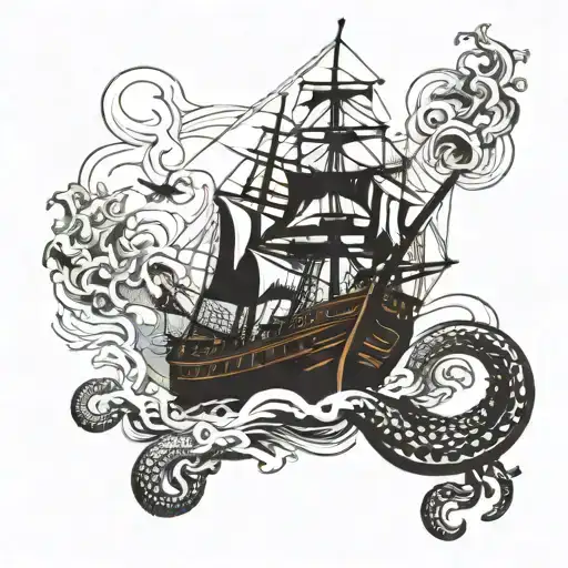 Bermuda rigged sailboat attacked by kraken emerging tattoo design idea