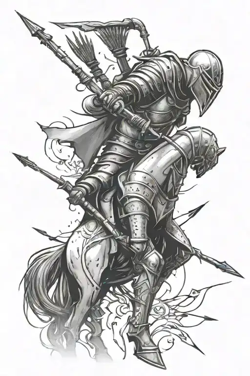 fallen wounded knight with arrows in his back tattoo design idea