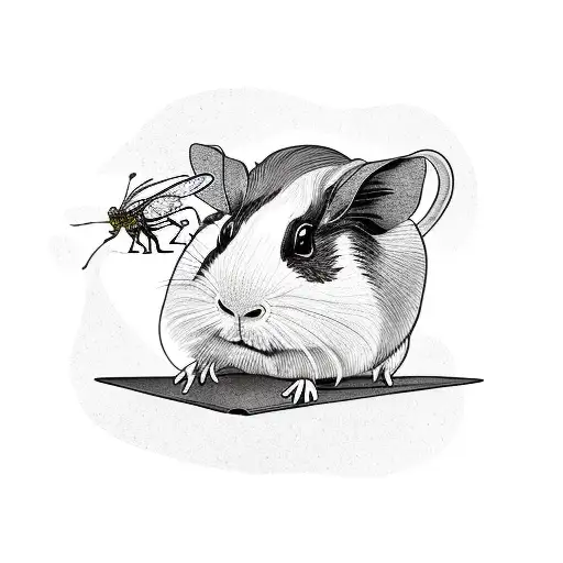 A new-school tattoo of a guinea pig writing a book with insects as characters tattoo design idea