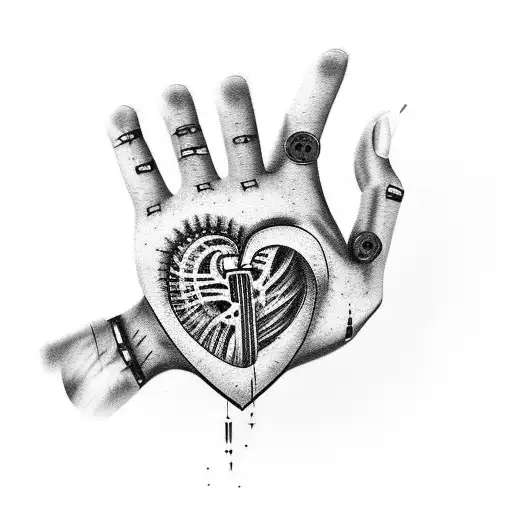 Mechanical heart tattoo seen through torn hand print tattoo design idea