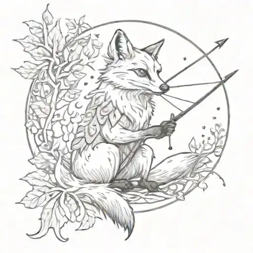 fox holding bow and arrow with autumn leaves around it and a moon above it tattoo design idea