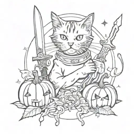 cat holding dagger with pumpkins around it and a sun above it tattoo design idea