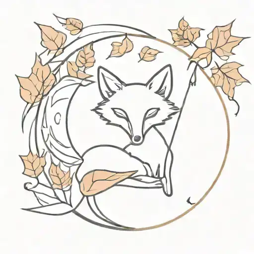 fox holding bow and arrow surrounded with autumn leaves and a crescent moon tattoo design idea