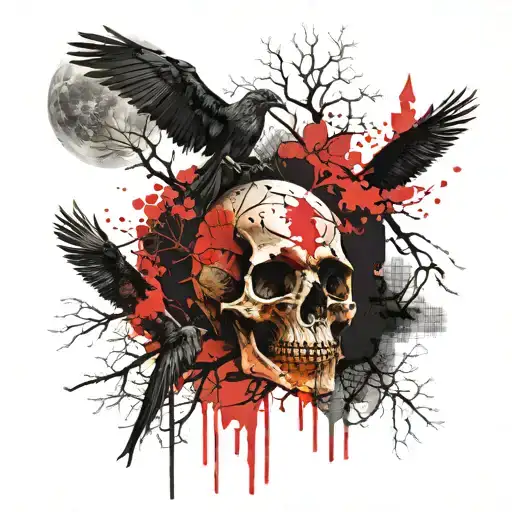 dark forest, with human skulls, flying crows, and the full moon tattoo design idea