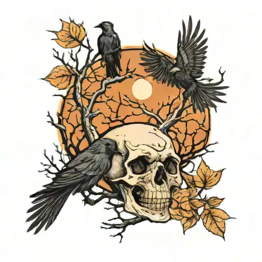 dark forest, with human skulls, flying crows, and the full moon tattoo design idea