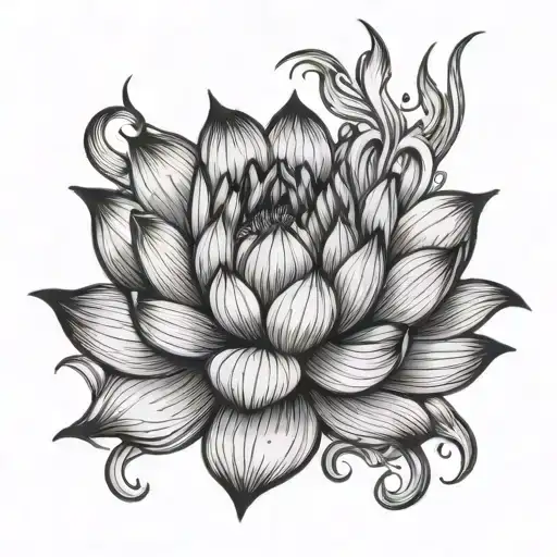 black and white lotus on fire rising tattoo design idea