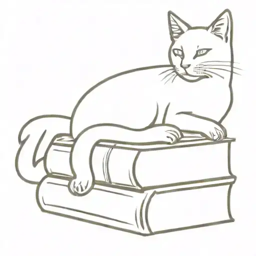 A stack of books with a cat curled up on top tattoo design idea
