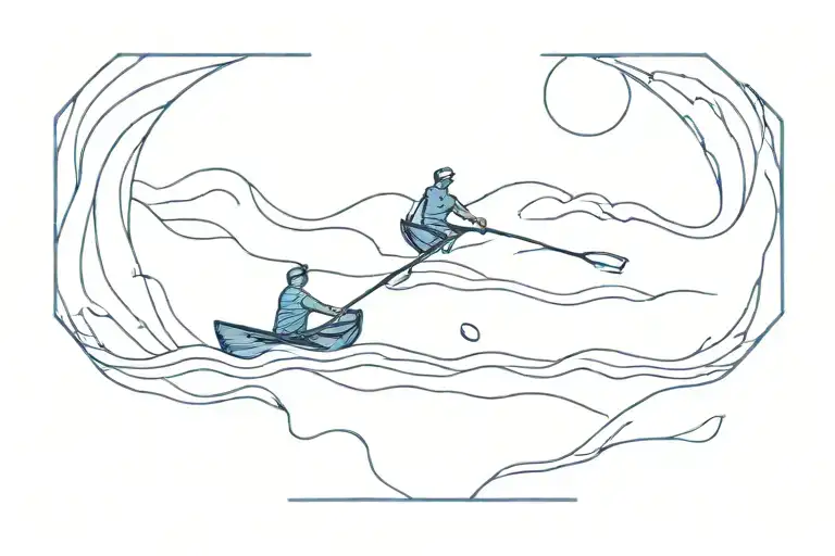 Royal blue minimalist line drawing, two friends rowing in one boat on swirling water under them tattoo design idea