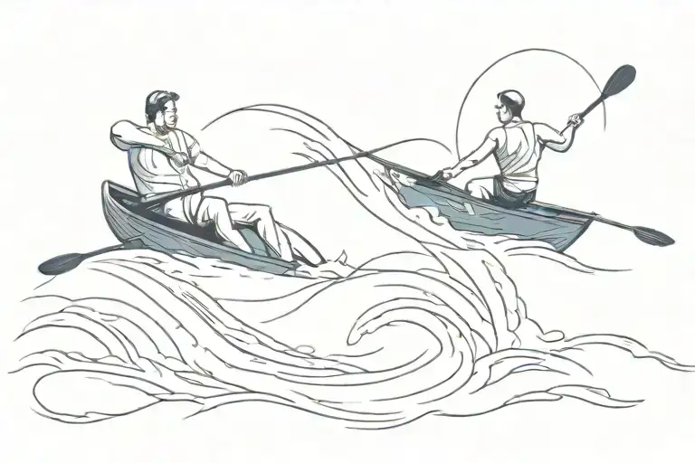 Royal blue minimalist line drawing, two friends rowing in the same boat on swirling water and vortex tattoo design idea