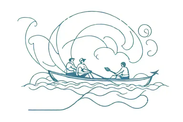 Royal blue minimalist line drawing, two friends rowing in the same boat on swirling water under them tattoo design idea