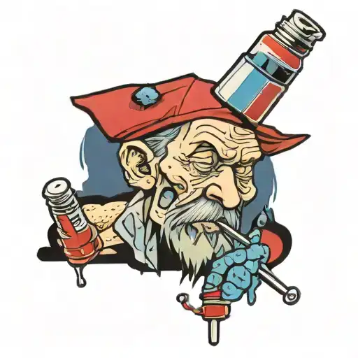 homeless bum syringe humanoid filled w/ red white and blue liquid tattoo design idea
