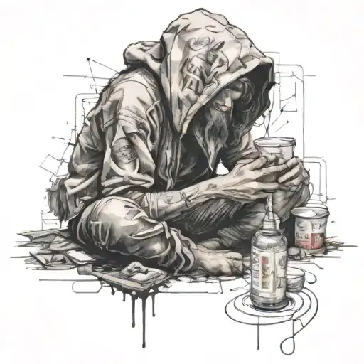 homeless trash humanoid drug addict injecting the american spirit forcefully tattoo design idea