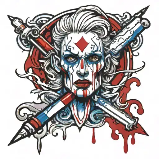dirty nasty red white and blue blood filled syringe with human features tattoo design idea