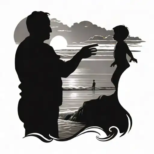 silhouette dad and son on the beach at dawn tattoo design idea