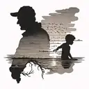 silhouette dad and son on the beach at dawn tattoo design idea