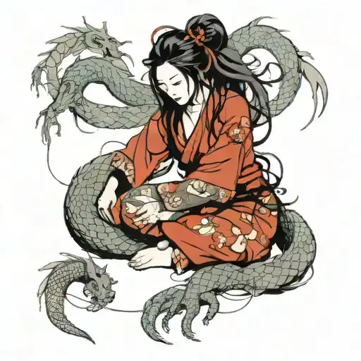 dragon girl, nude, long hair, bound, shibari tattoo design idea