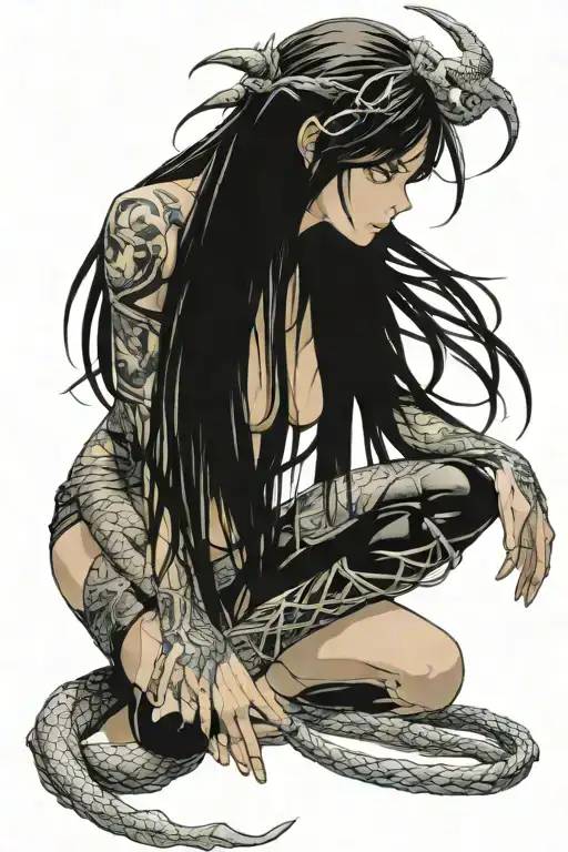 dragongirl, nude, kneeling, long hair, bound, shibari tattoo design idea