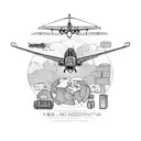 A blackwork tattoo showcasing an aircraft hangar with various planes inside, surrounded by travel-inspired elements like suitcases and passports tattoo design idea