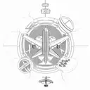 A blackwork tattoo showcasing an aircraft hangar with various planes inside, surrounded by travel-inspired elements like suitcases and passports tattoo design idea