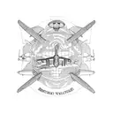 A blackwork tattoo showcasing an aircraft hangar with various planes inside, surrounded by travel-inspired elements like suitcases and passports tattoo design idea